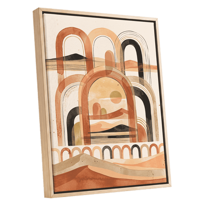 Arches Across the Dunes, beige, orange, black nature wall art shown as a oak framed canvas wall art