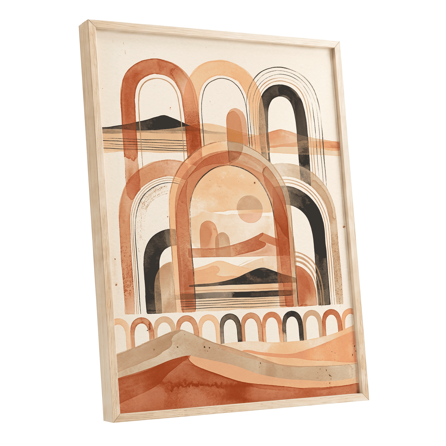 Arches Across the Dunes, beige, orange, black nature wall art shown as a oak framed poster wall art print