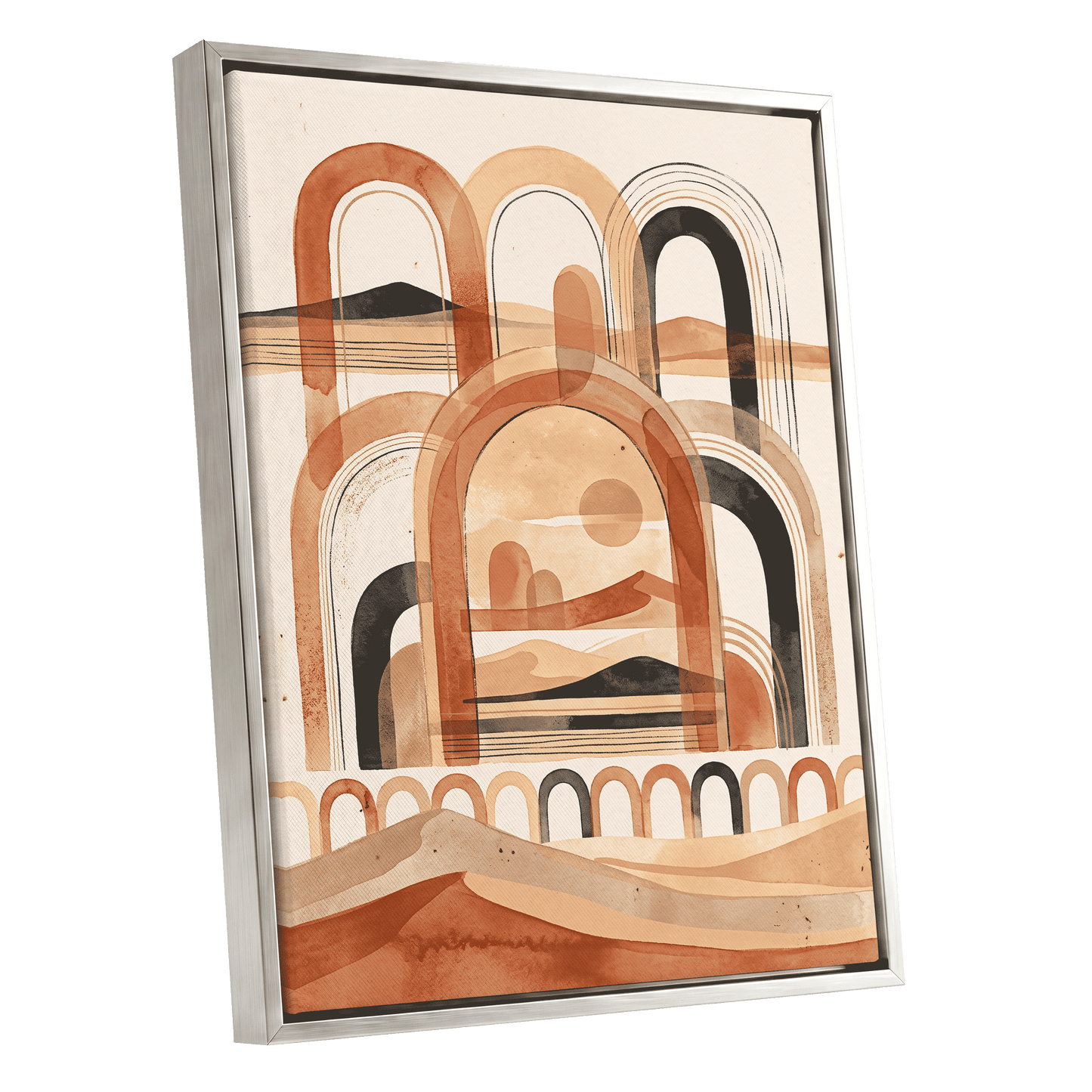 Arches Across the Dunes, beige, orange, black nature wall art shown as a silver framed canvas wall art