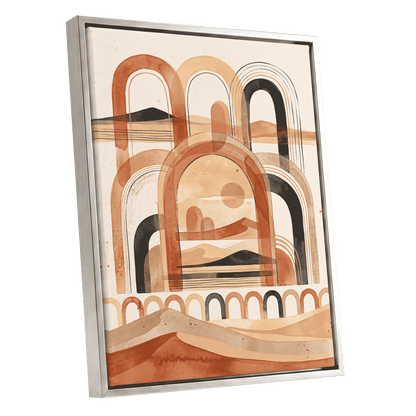 Arches Across the Dunes, beige, orange, black nature wall art shown as a silver framed canvas wall art