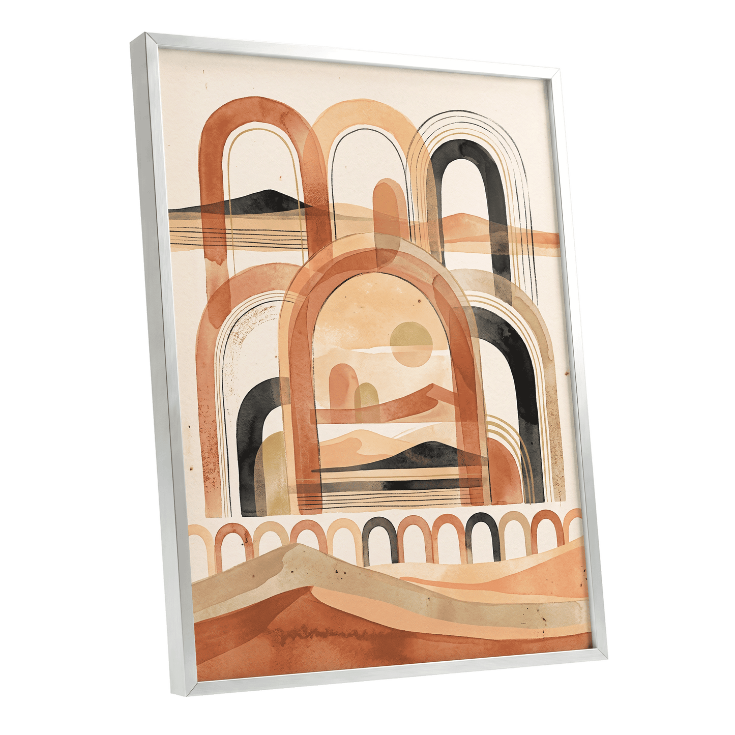 Arches Across the Dunes, beige, orange, black nature wall art shown as a silver framed poster wall art print
