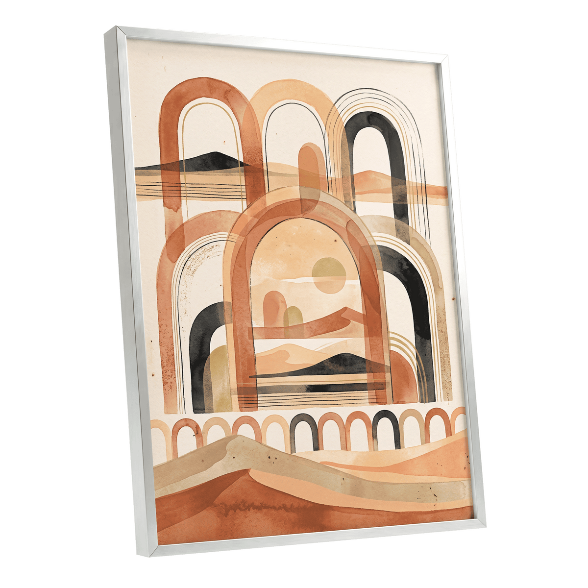 Arches Across the Dunes, beige, orange, black nature wall art shown as a silver framed poster wall art print