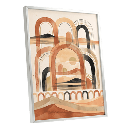 Arches Across the Dunes, beige, orange, black nature wall art shown as a silver framed poster wall art print