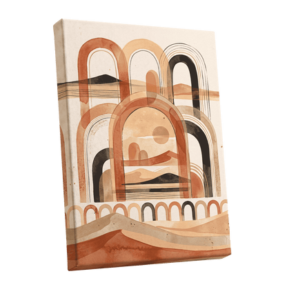 Arches Across the Dunes, beige, orange, black nature wall art shown as a stretched canvas wall art