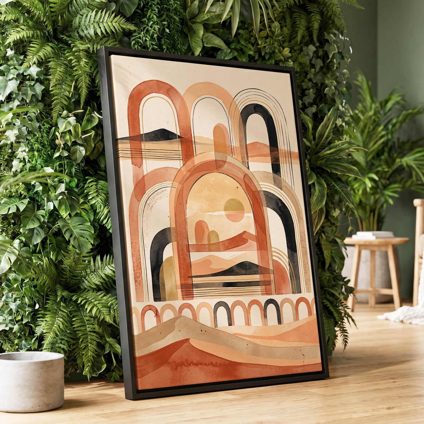 Arches Across the Dunes, beige, orange, black nature wall art displayed in a styled interior, gallery view 1