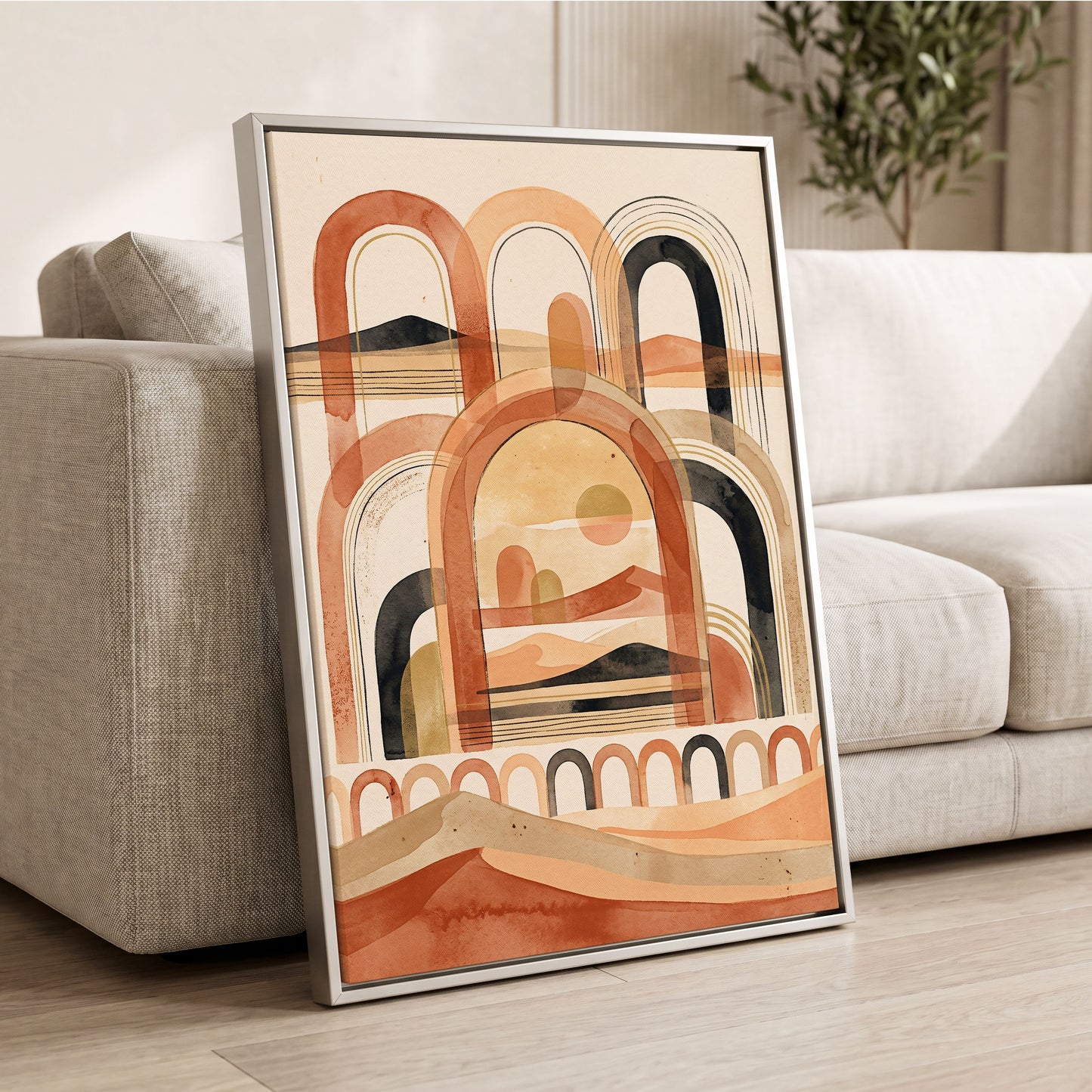 Arches Across the Dunes, beige, orange, black nature wall art displayed in a styled interior, gallery view 2