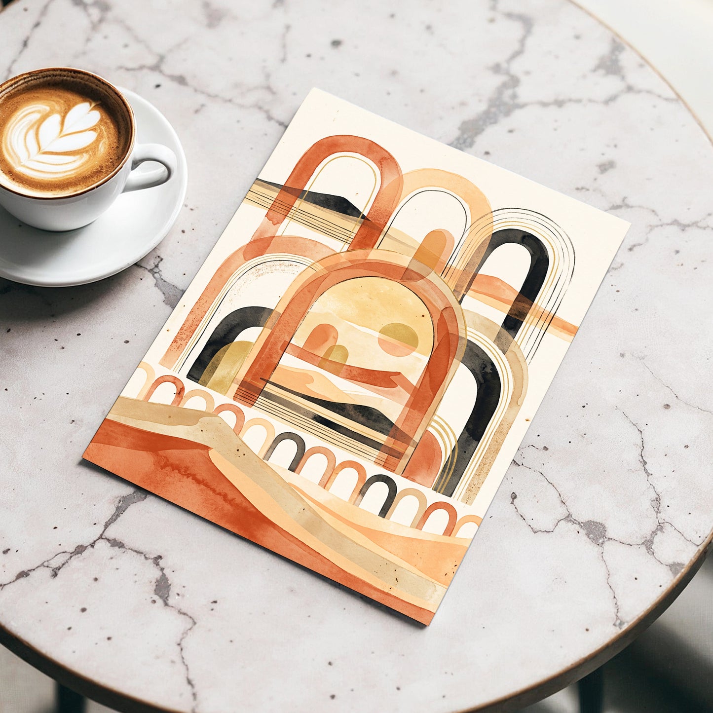 Arches Across the Dunes, beige, orange, black nature wall art displayed in a styled interior, gallery view 3