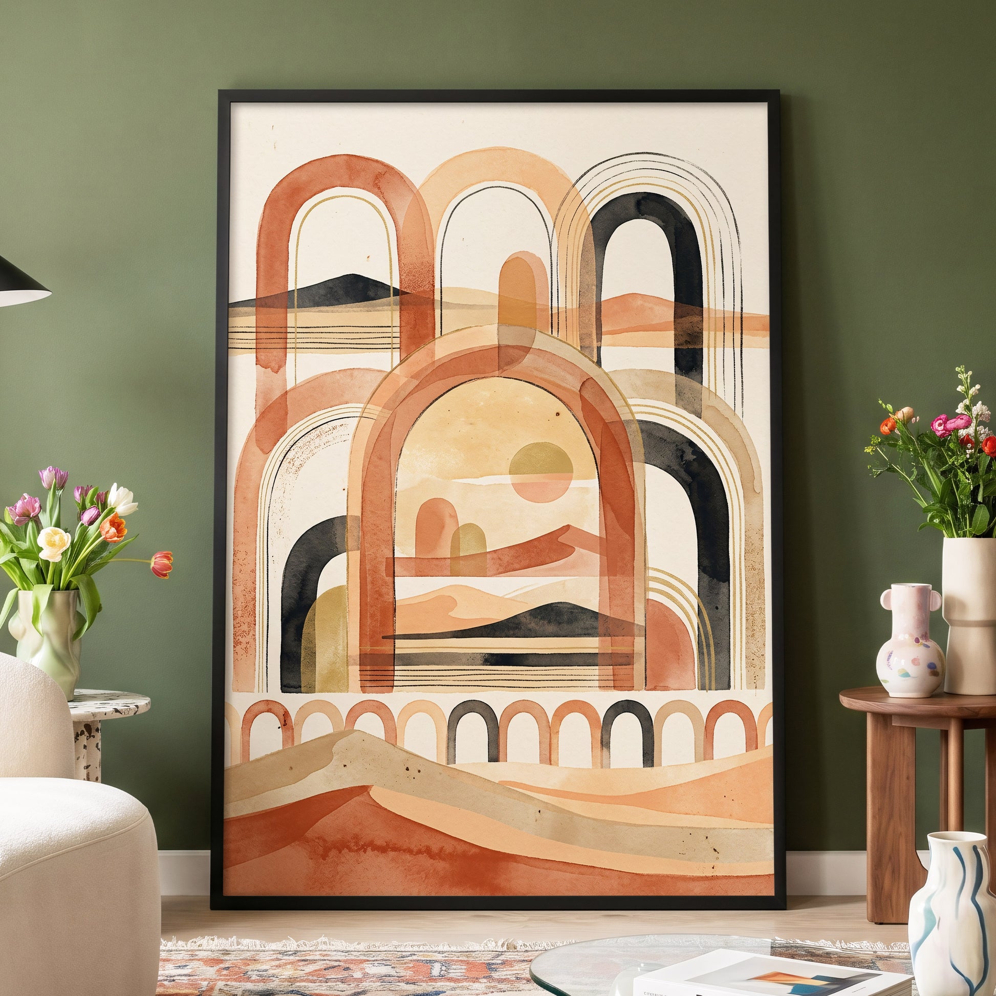 Arches Across the Dunes, beige, orange, black nature wall art displayed in a styled interior, gallery view 4