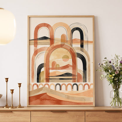 Arches Across the Dunes, beige, orange, black nature wall art displayed in a styled interior, gallery view 5