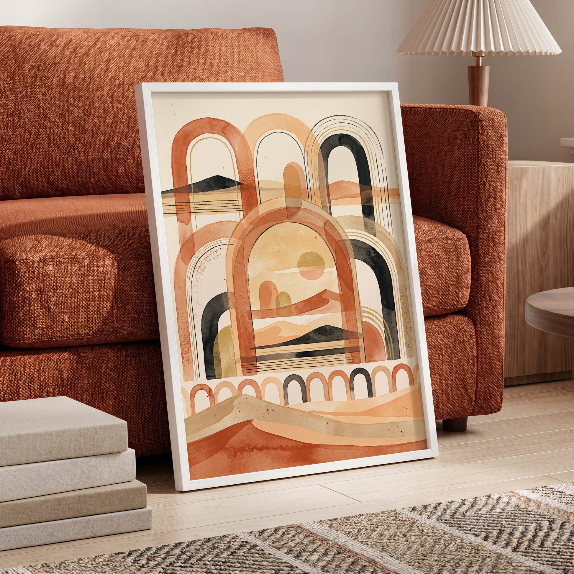 Arches Across the Dunes, beige, orange, black nature wall art displayed in a styled interior, gallery view 6