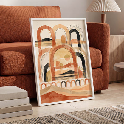 Arches Across the Dunes, beige, orange, black nature wall art displayed in a styled interior, gallery view 6