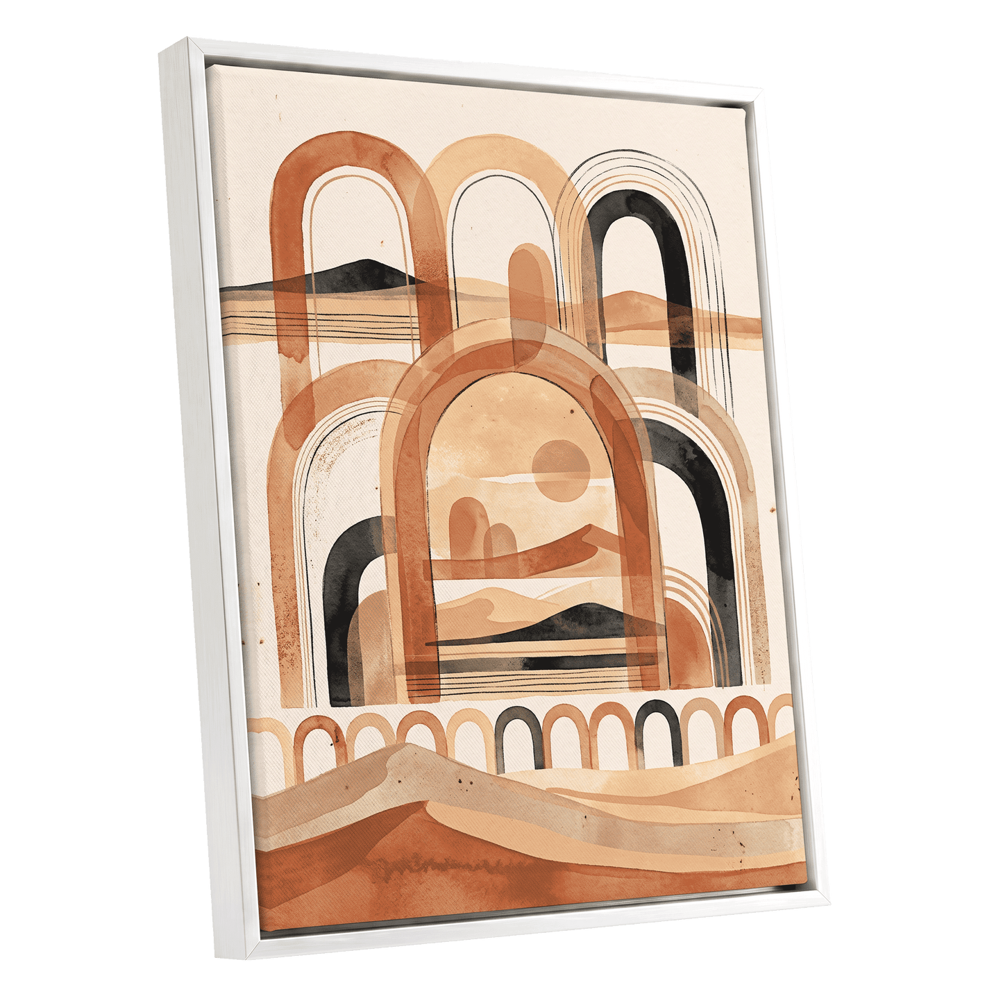 Arches Across the Dunes, beige, orange, black nature wall art shown as a white framed canvas wall art