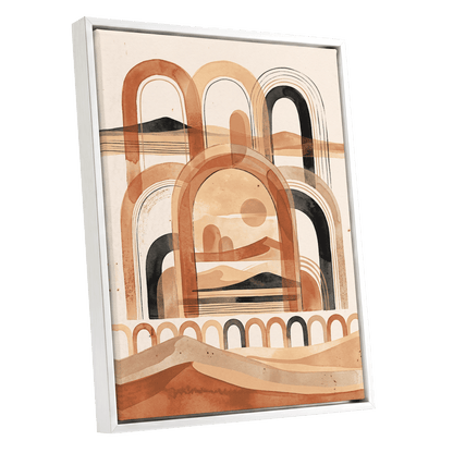 Arches Across the Dunes, beige, orange, black nature wall art shown as a white framed canvas wall art