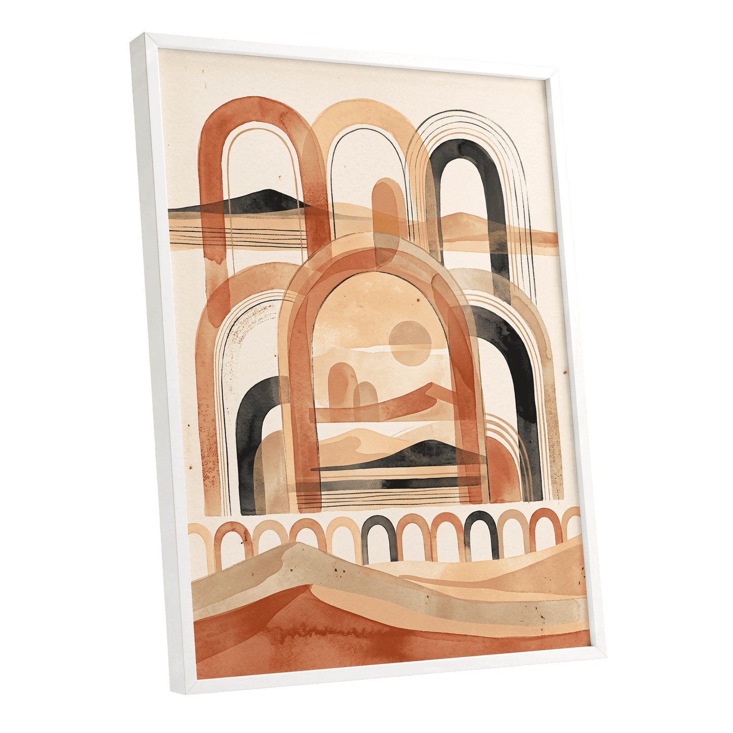 Arches Across the Dunes, beige, orange, black nature wall art shown as a white framed poster wall art print