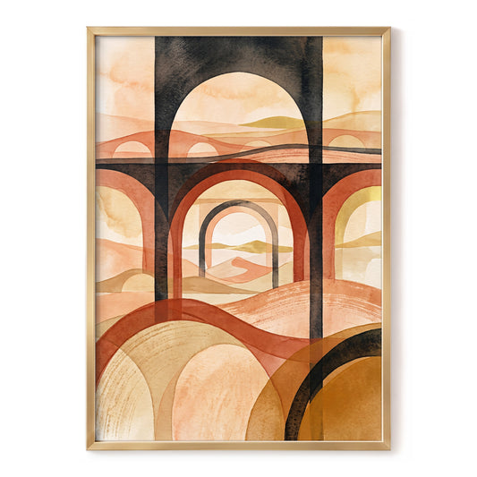 Arches Beyond the Dunes, black, beige, orange abstract wall art, front artwork view