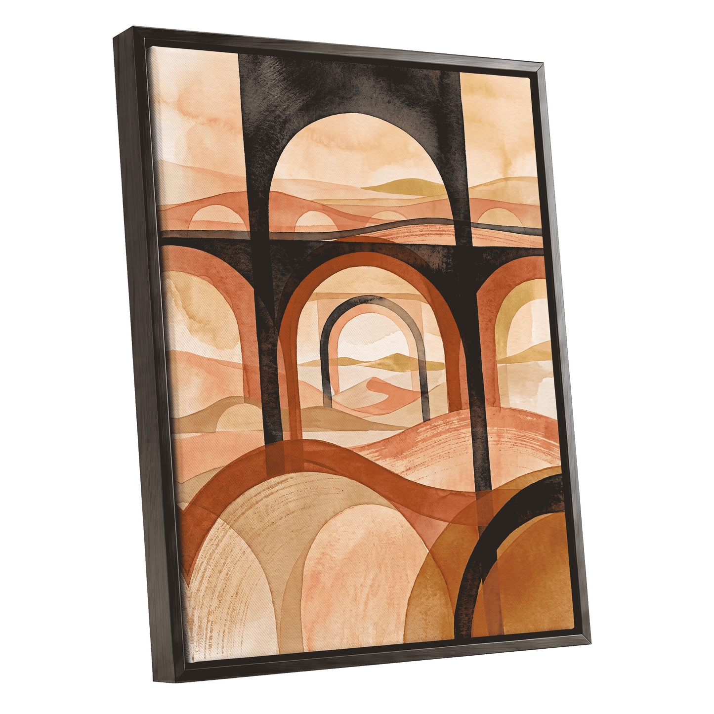 Arches Beyond the Dunes, black, beige, orange abstract wall art shown as a black framed canvas wall art