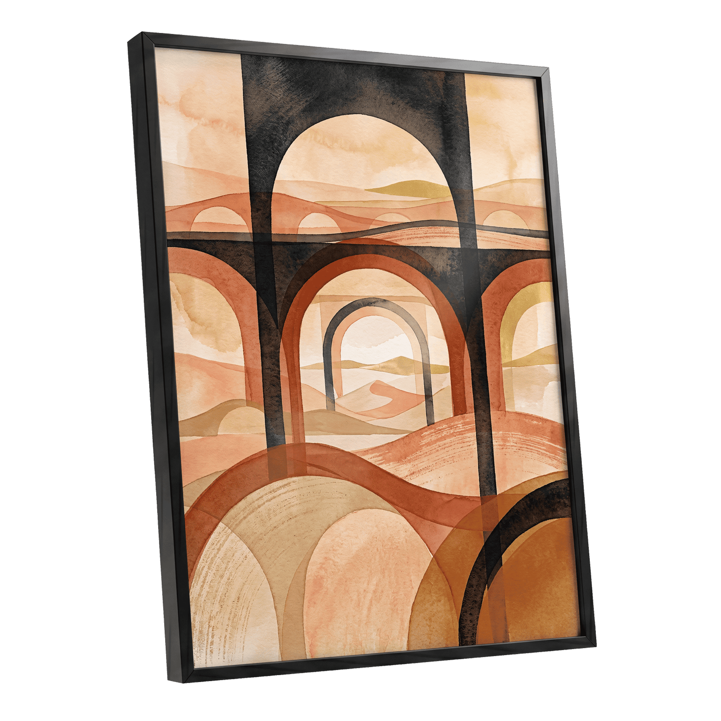 Arches Beyond the Dunes, black, beige, orange abstract wall art shown as a black framed poster wall art print