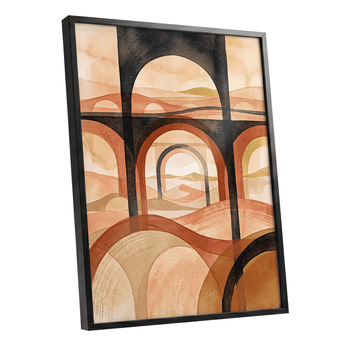 Arches Beyond the Dunes, black, beige, orange abstract wall art shown as a black framed poster wall art print