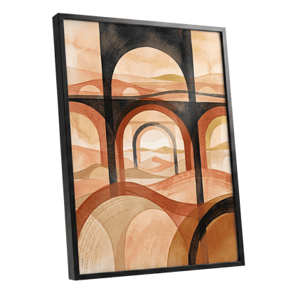 Arches Beyond the Dunes, black, beige, orange abstract wall art shown as a black framed poster wall art print