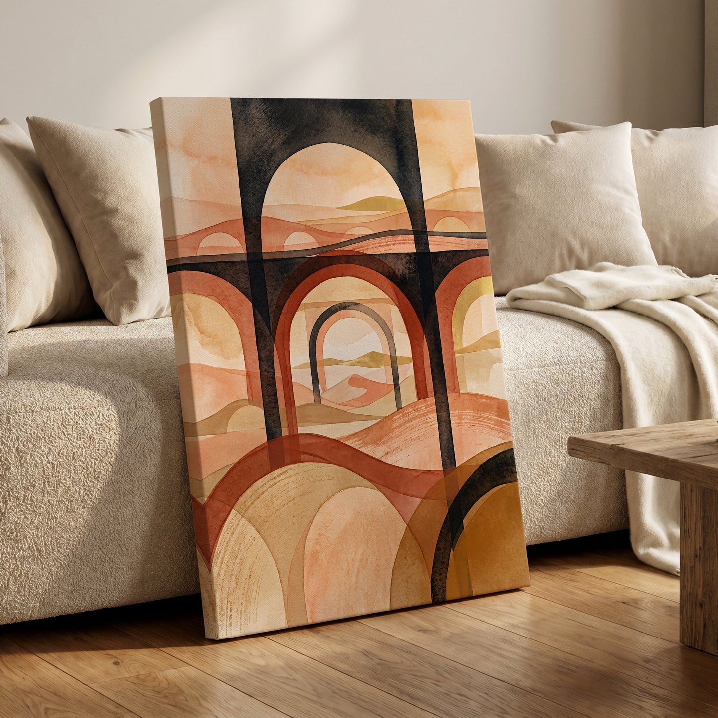 Arches Beyond the Dunes, black, beige, orange abstract wall art on canvas displayed in a styled interior, gallery view 1