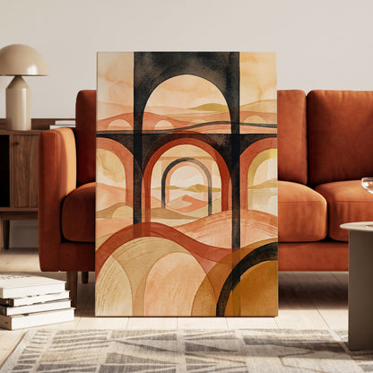 Arches Beyond the Dunes, black, beige, orange abstract wall art on canvas displayed in a styled interior, gallery view 2