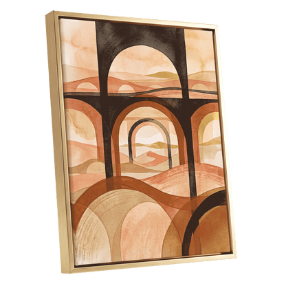 Arches Beyond the Dunes, black, beige, orange abstract wall art shown as a gold framed canvas wall art