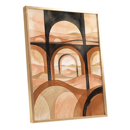 Arches Beyond the Dunes, black, beige, orange abstract wall art shown as a gold framed poster wall art print