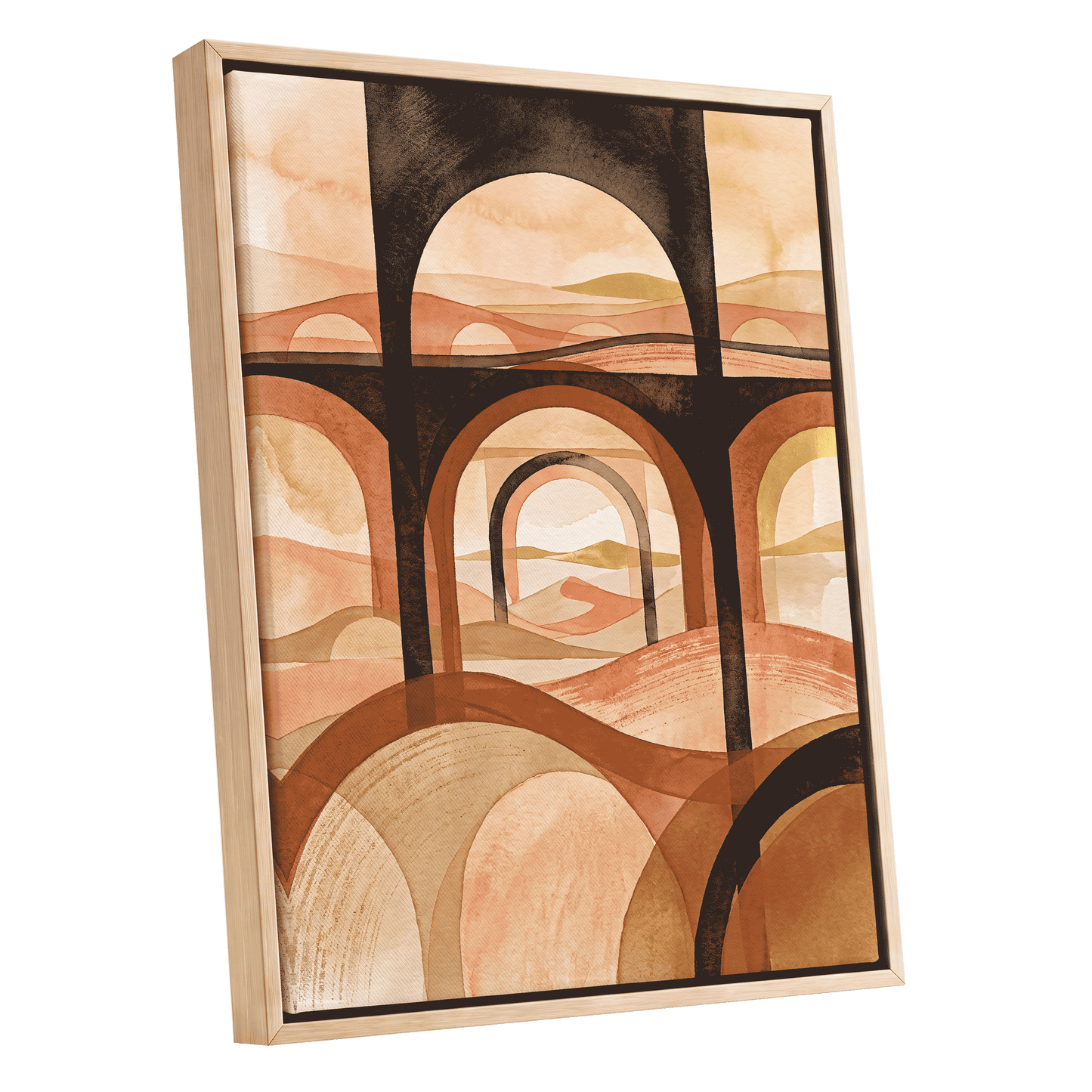 Arches Beyond the Dunes, black, beige, orange abstract wall art shown as a oak framed canvas wall art