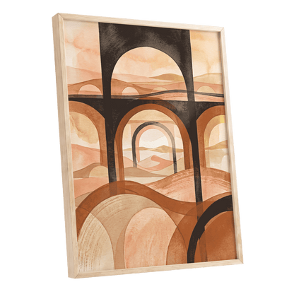 Arches Beyond the Dunes, black, beige, orange abstract wall art shown as a oak framed poster wall art print