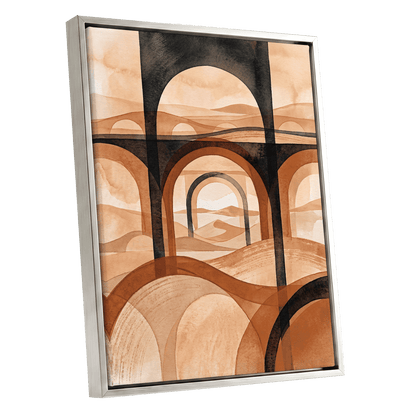 Arches Beyond the Dunes, black, beige, orange abstract wall art shown as a silver framed canvas wall art