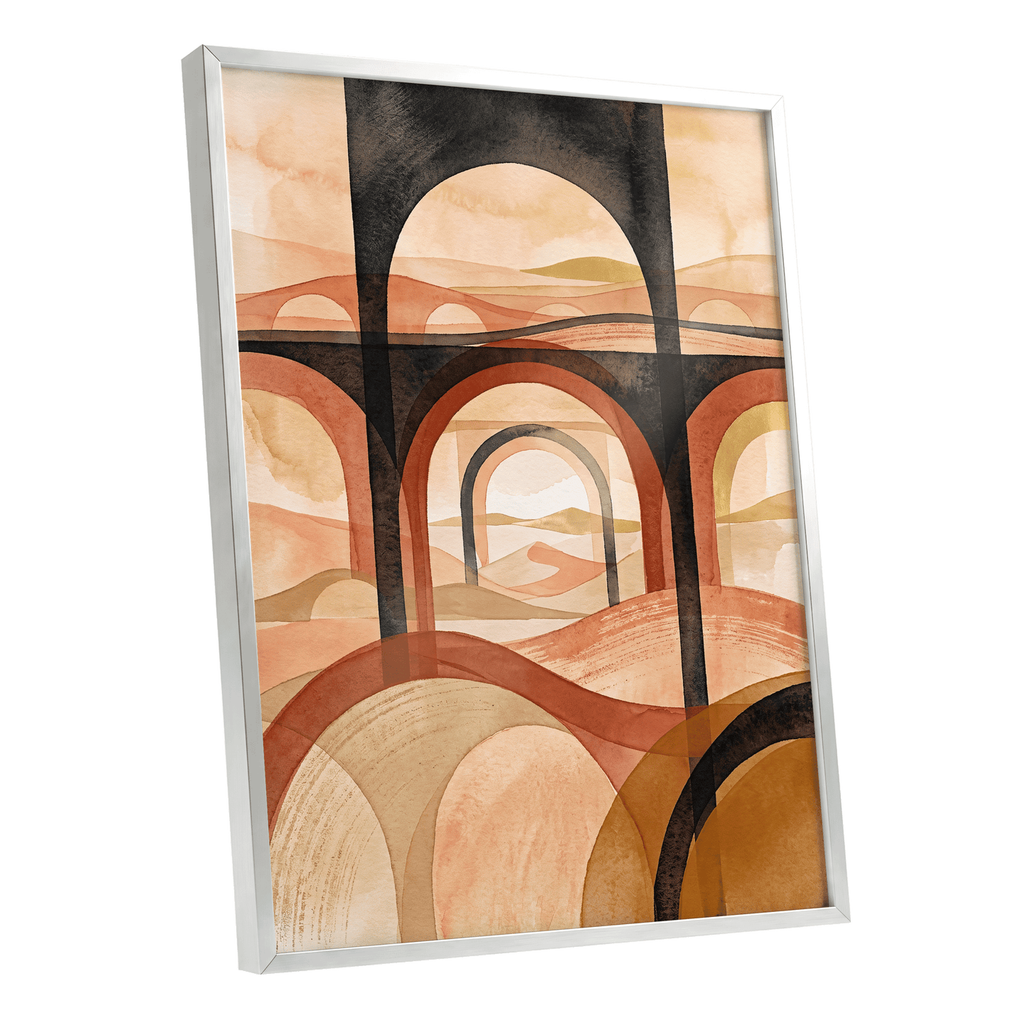 Arches Beyond the Dunes, black, beige, orange abstract wall art shown as a silver framed poster wall art print