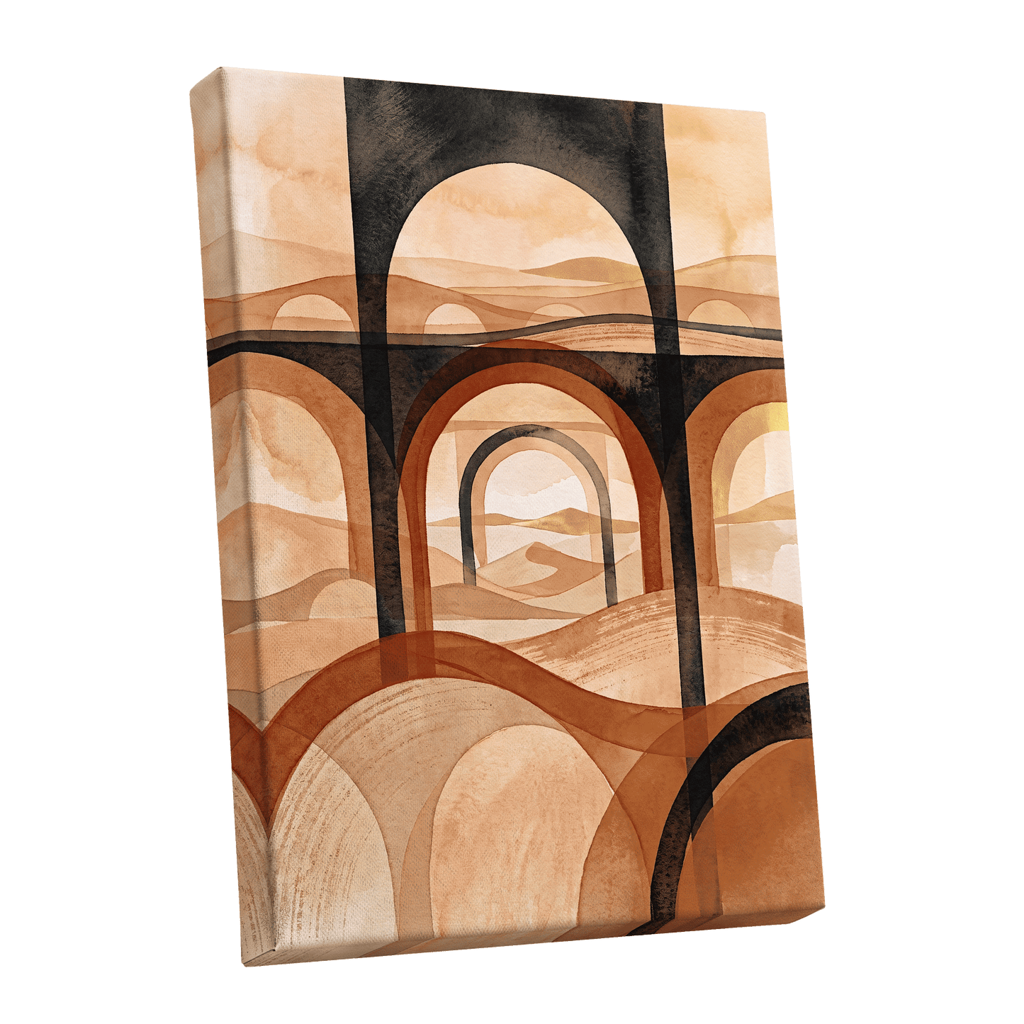 Arches Beyond the Dunes, black, beige, orange abstract wall art shown as a stretched canvas wall art