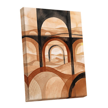 Arches Beyond the Dunes, black, beige, orange abstract wall art shown as a stretched canvas wall art