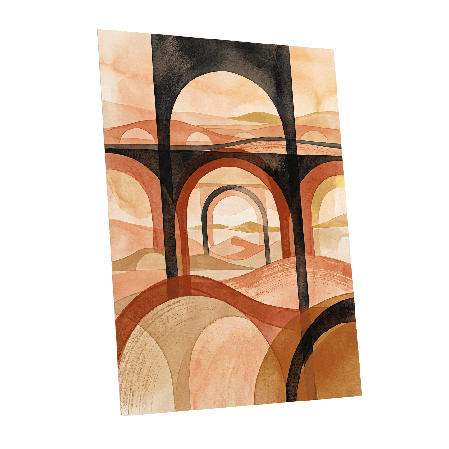 Arches Beyond the Dunes, black, beige, orange abstract wall art shown as a unframed poster wall art print