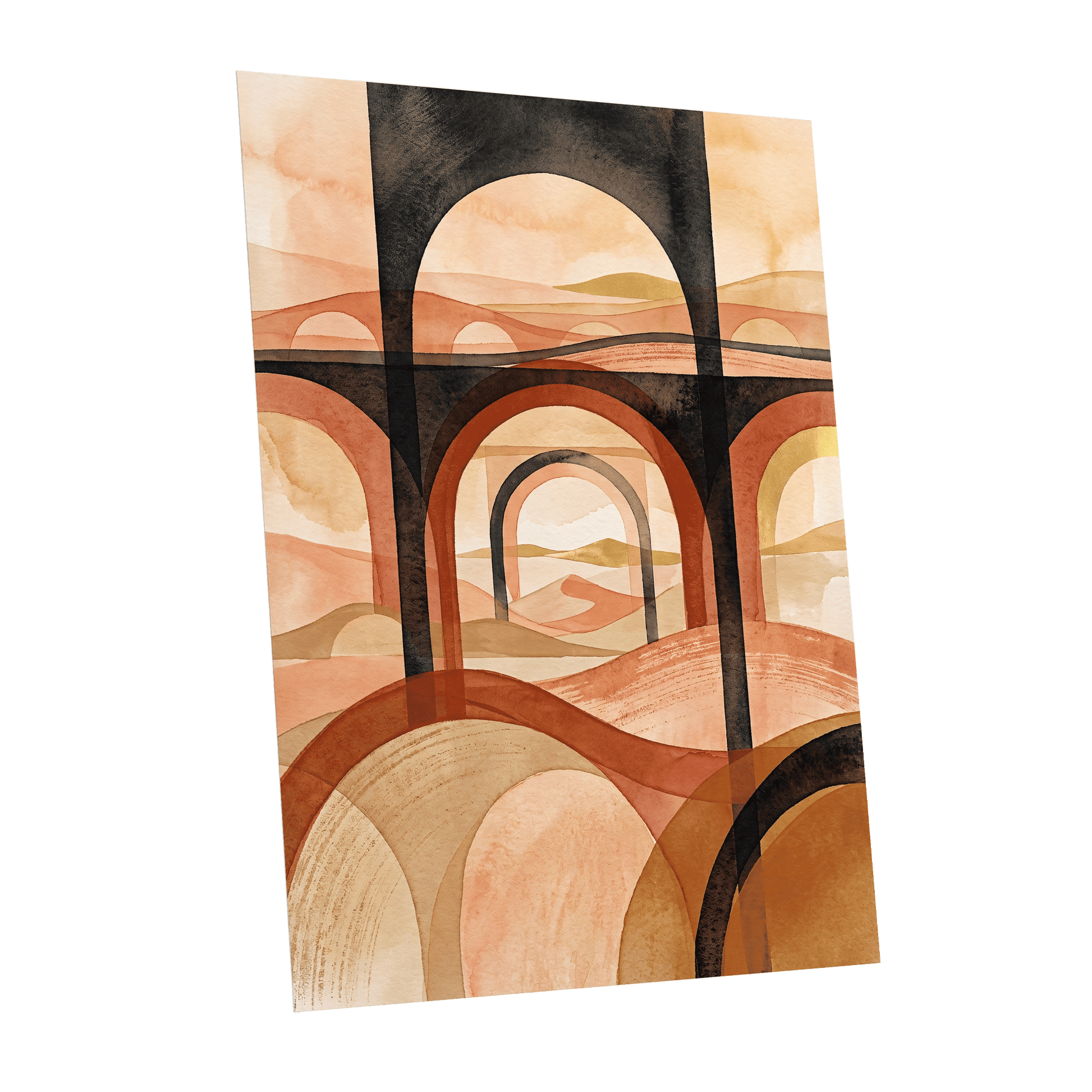 Arches Beyond the Dunes, black, beige, orange abstract wall art shown as a unframed poster wall art print