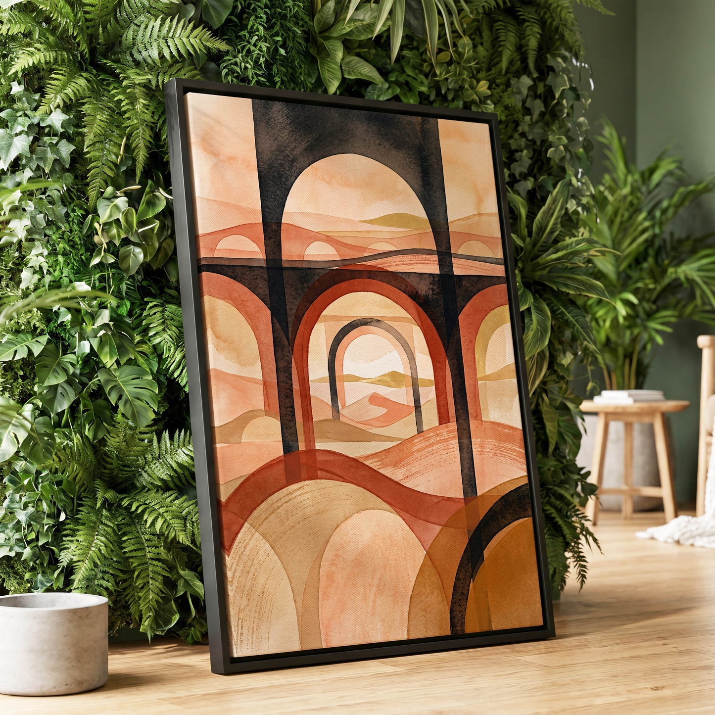 Arches Beyond the Dunes, black, beige, orange abstract wall art displayed in a styled interior, gallery view 1