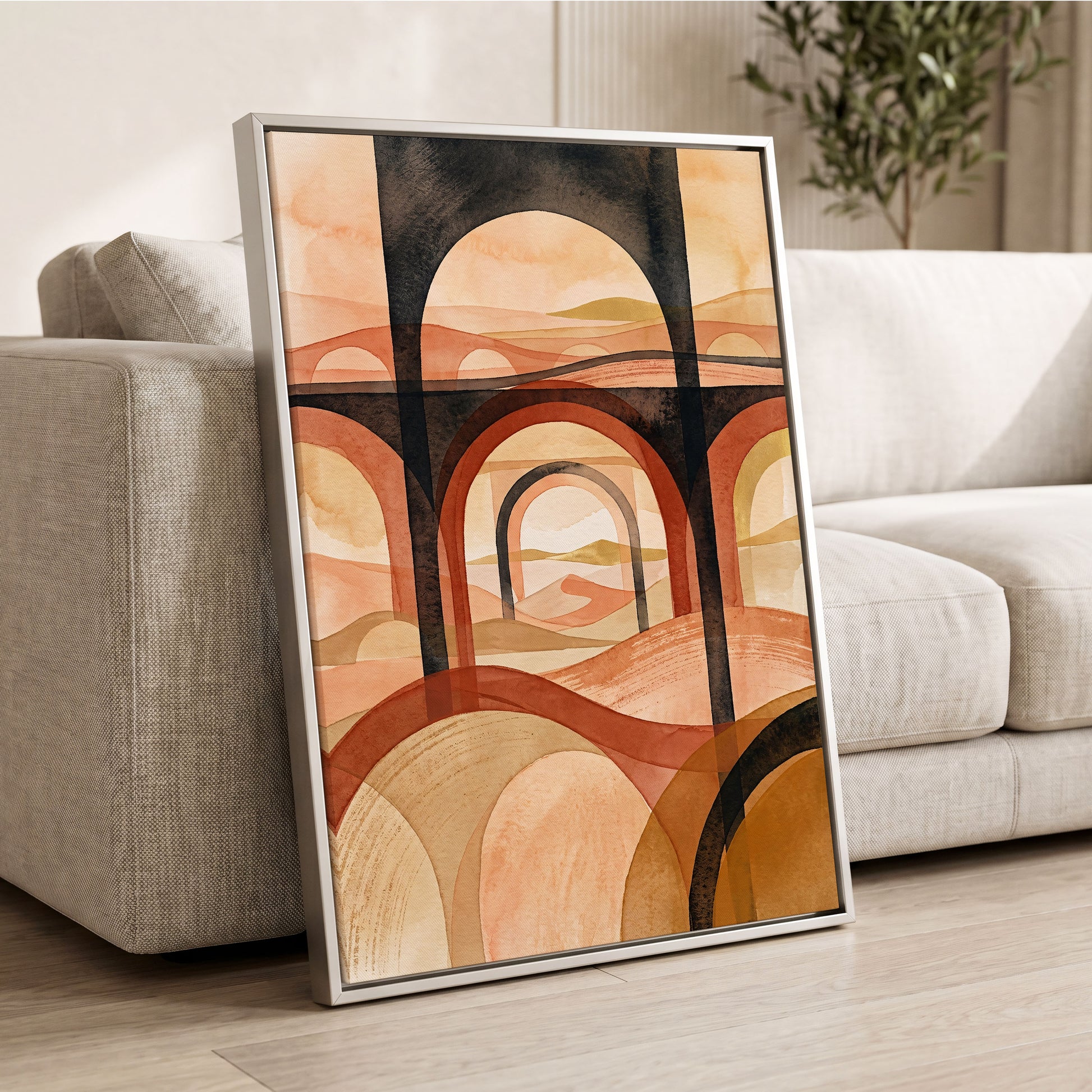 Arches Beyond the Dunes, black, beige, orange abstract wall art displayed in a styled interior, gallery view 2