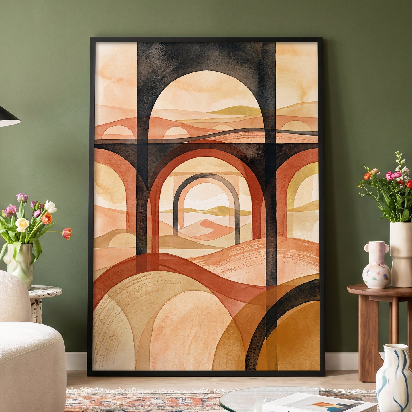 Arches Beyond the Dunes, black, beige, orange abstract wall art displayed in a styled interior, gallery view 4