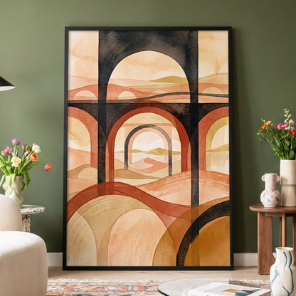 Arches Beyond the Dunes, black, beige, orange abstract wall art displayed in a styled interior, gallery view 4