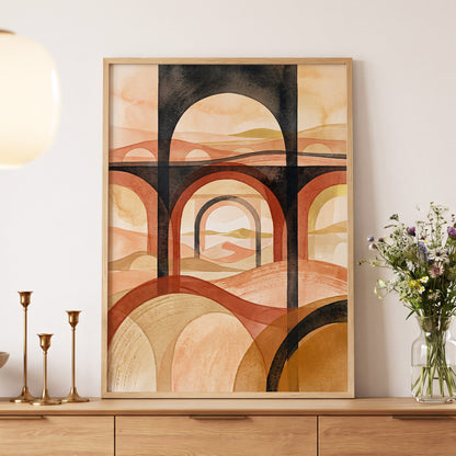 Arches Beyond the Dunes, black, beige, orange abstract wall art displayed in a styled interior, gallery view 5