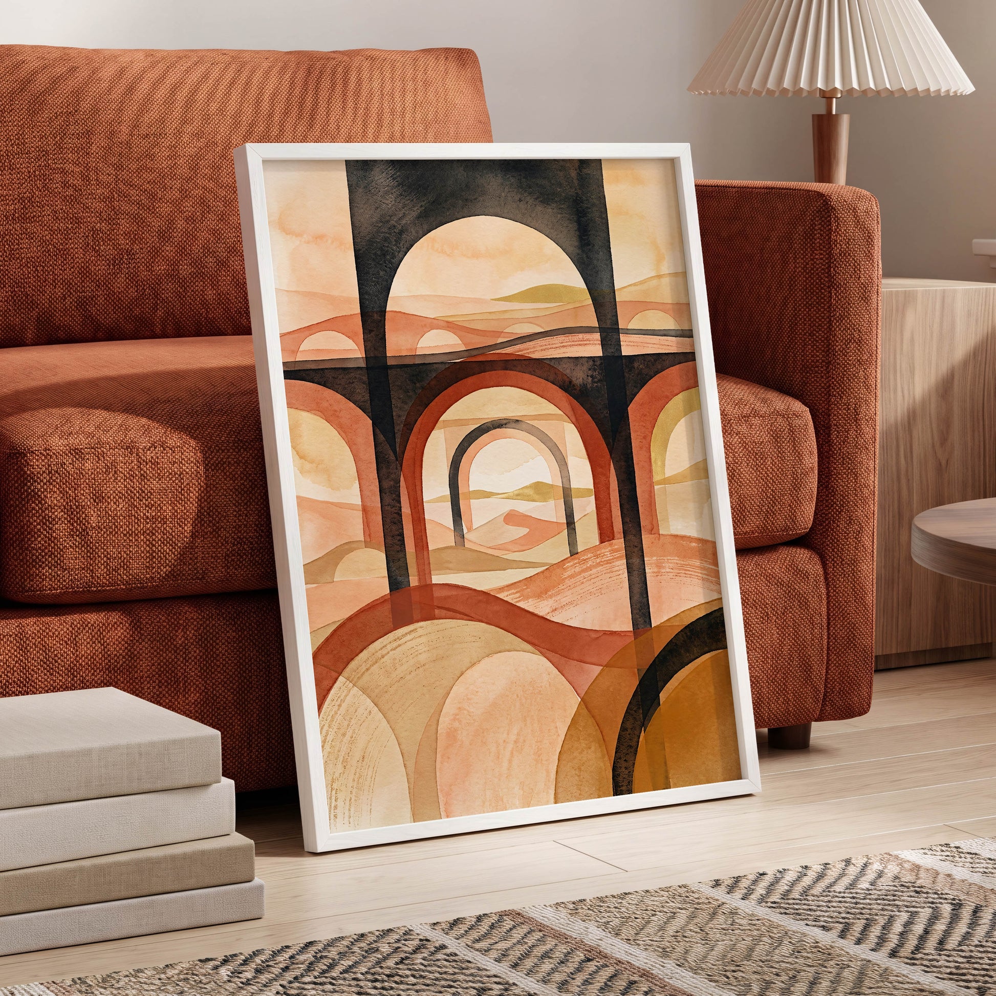 Arches Beyond the Dunes, black, beige, orange abstract wall art displayed in a styled interior, gallery view 6