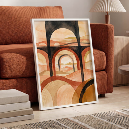 Arches Beyond the Dunes, black, beige, orange abstract wall art displayed in a styled interior, gallery view 6