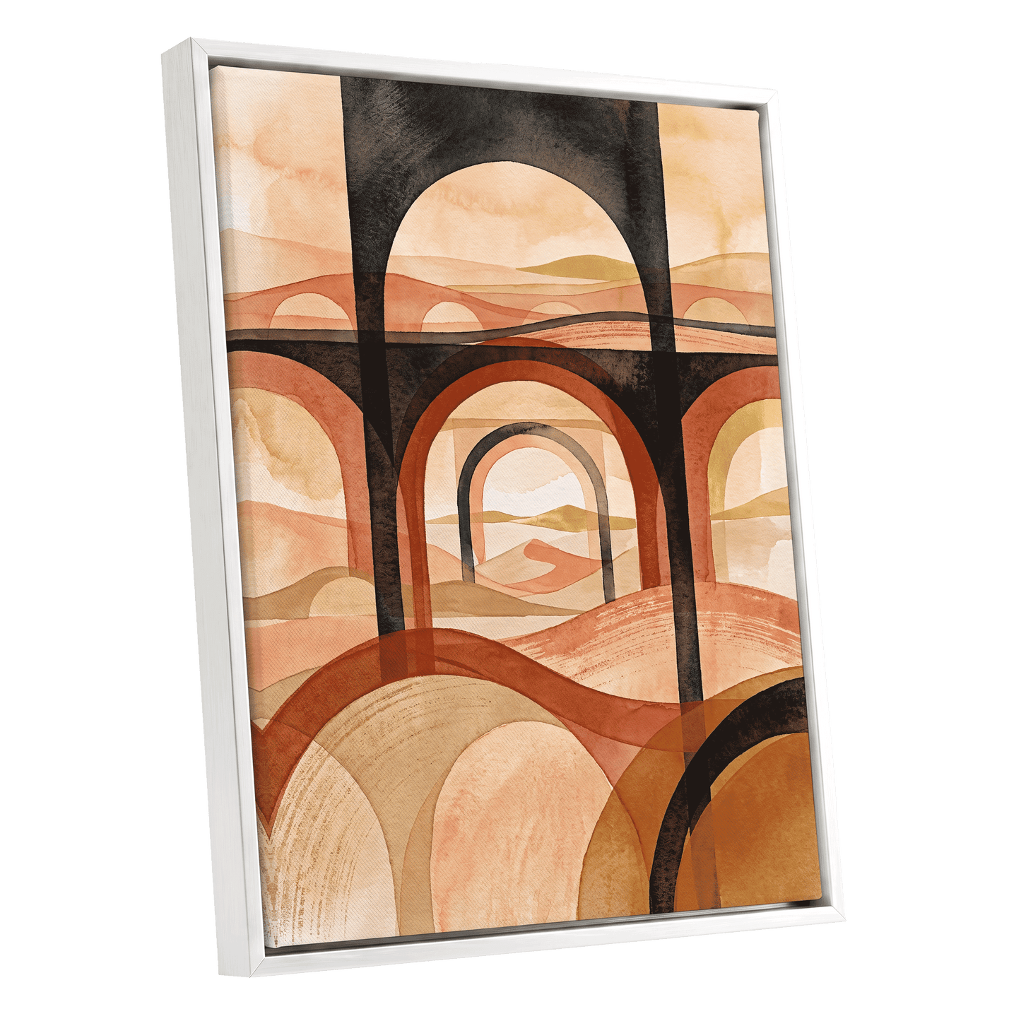 Arches Beyond the Dunes, black, beige, orange abstract wall art shown as a white framed canvas wall art