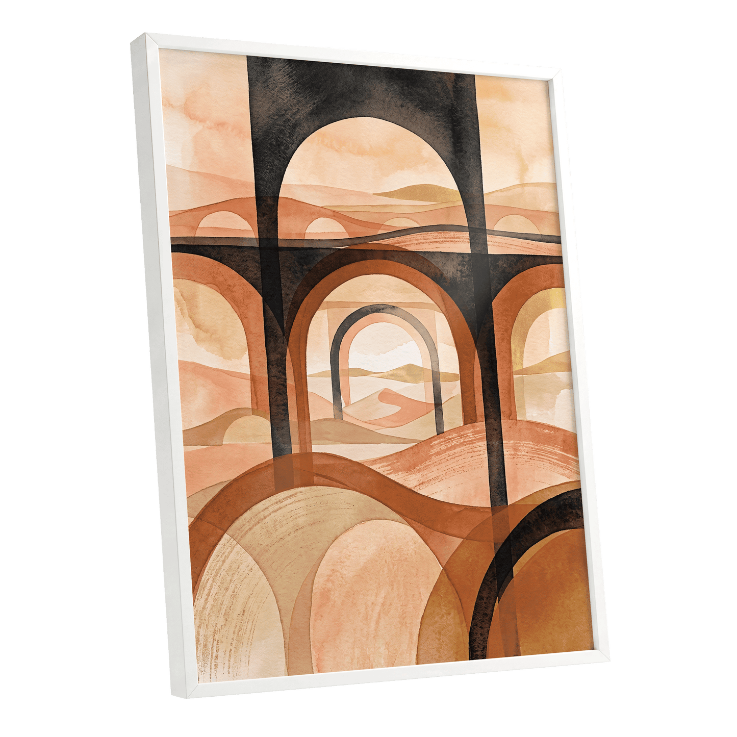 Arches Beyond the Dunes, black, beige, orange abstract wall art shown as a white framed poster wall art print
