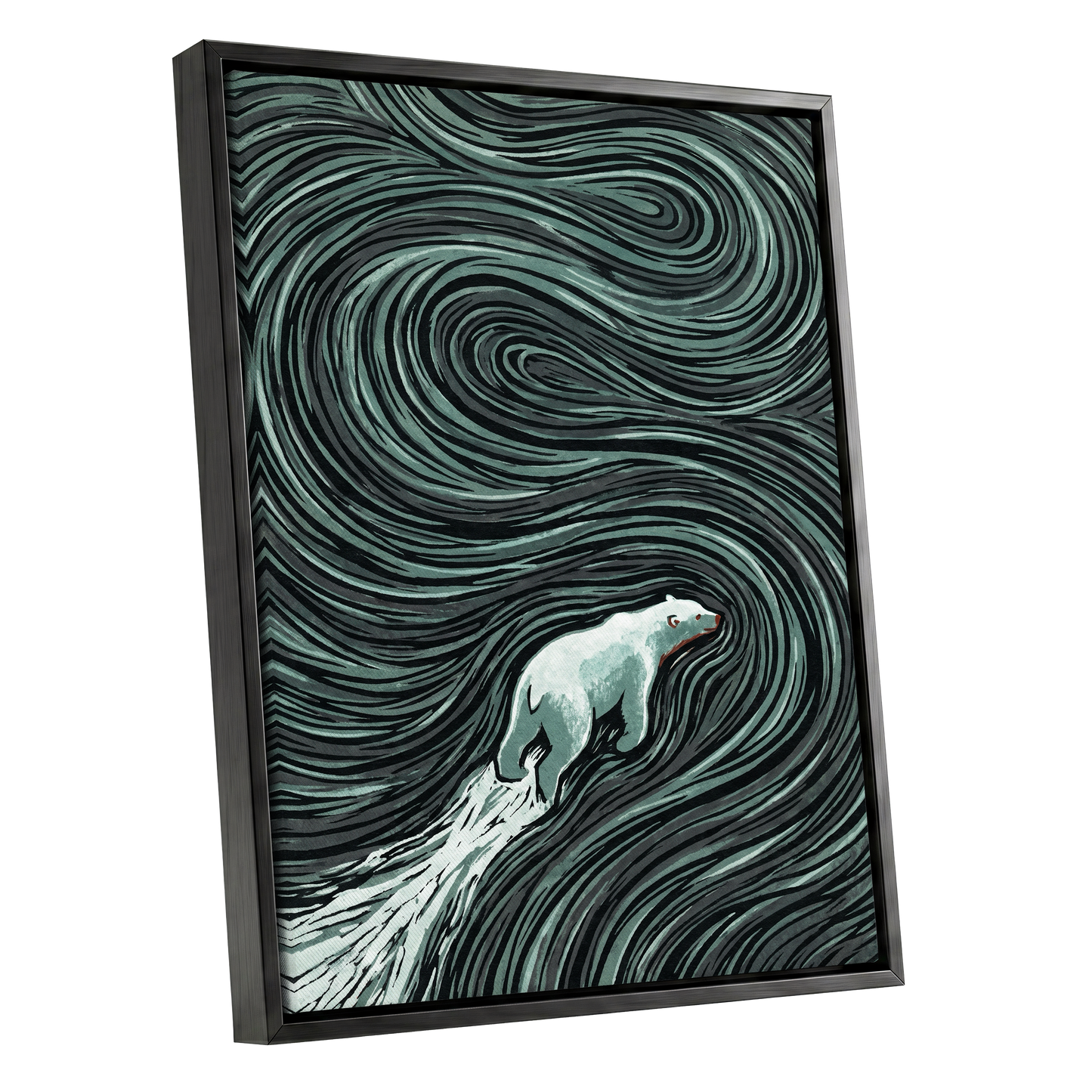 Arctic Current, black, green, gray nature wall art shown as a black framed canvas wall art