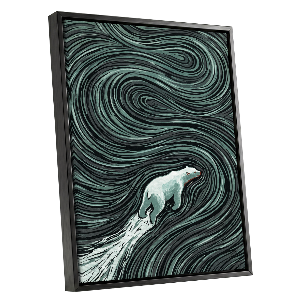 Arctic Current, black, green, gray nature wall art shown as a black framed canvas wall art