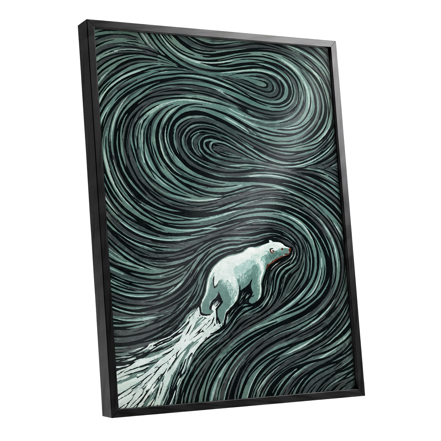 Arctic Current, black, green, gray nature wall art shown as a black framed poster wall art print