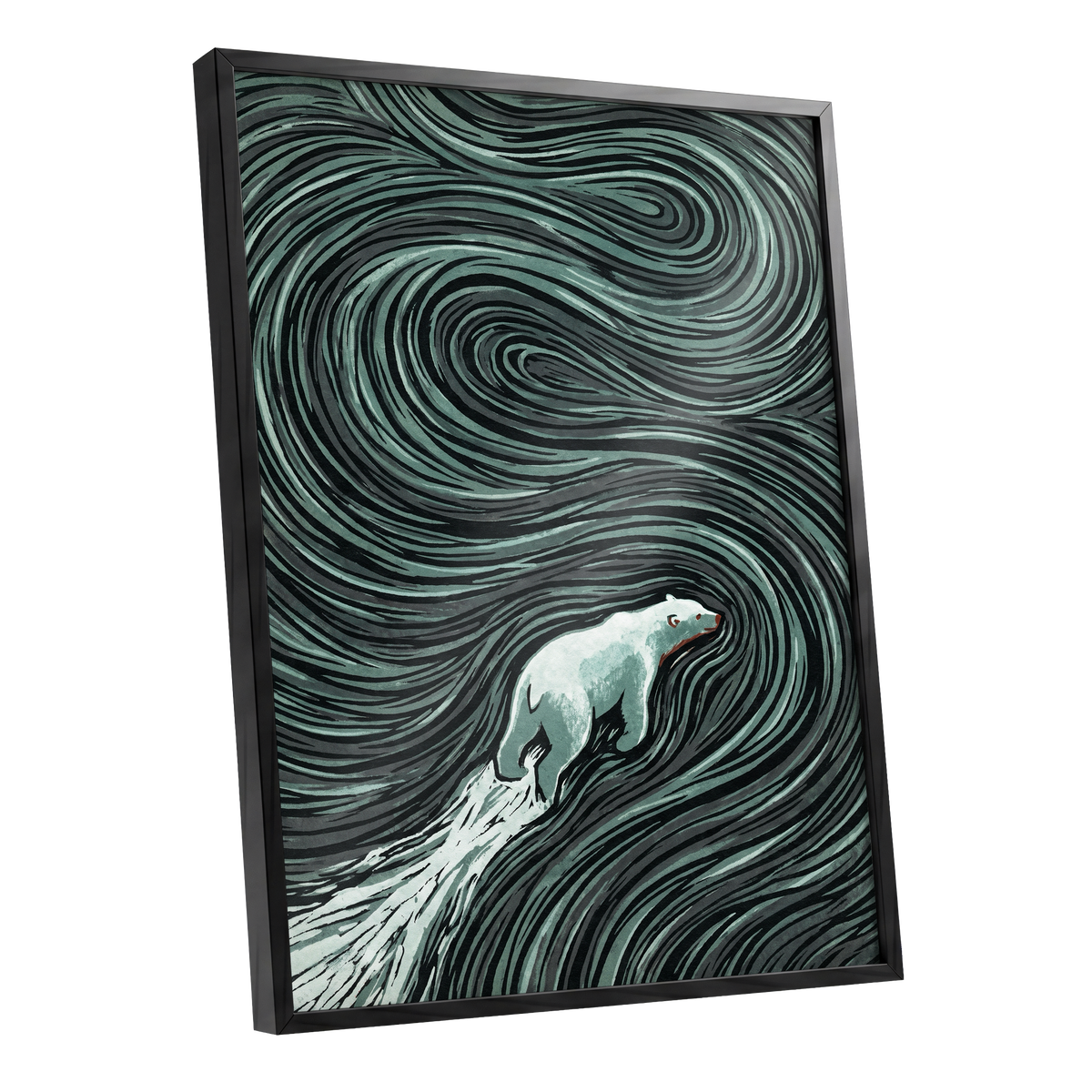 Arctic Current, black, green, gray nature wall art shown as a black framed poster wall art print
