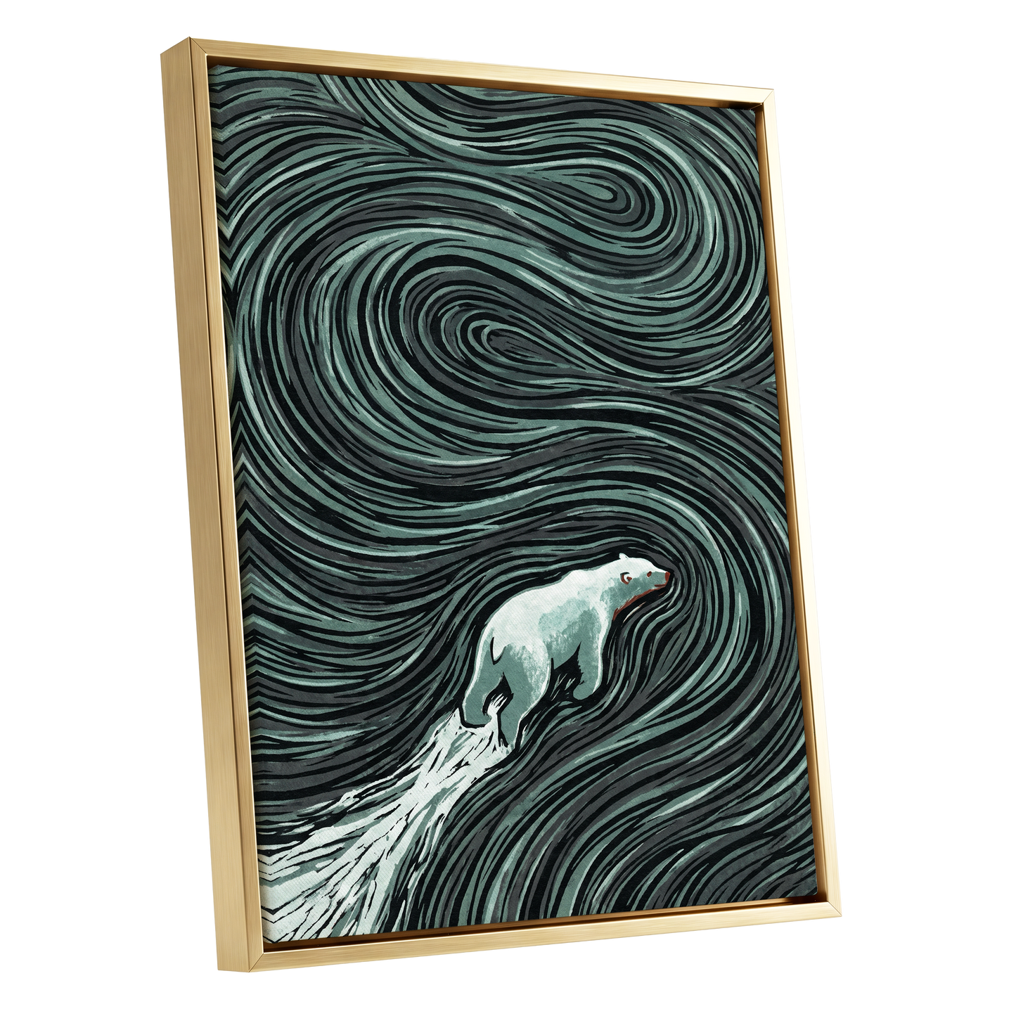 Arctic Current, black, green, gray nature wall art shown as a gold framed canvas wall art
