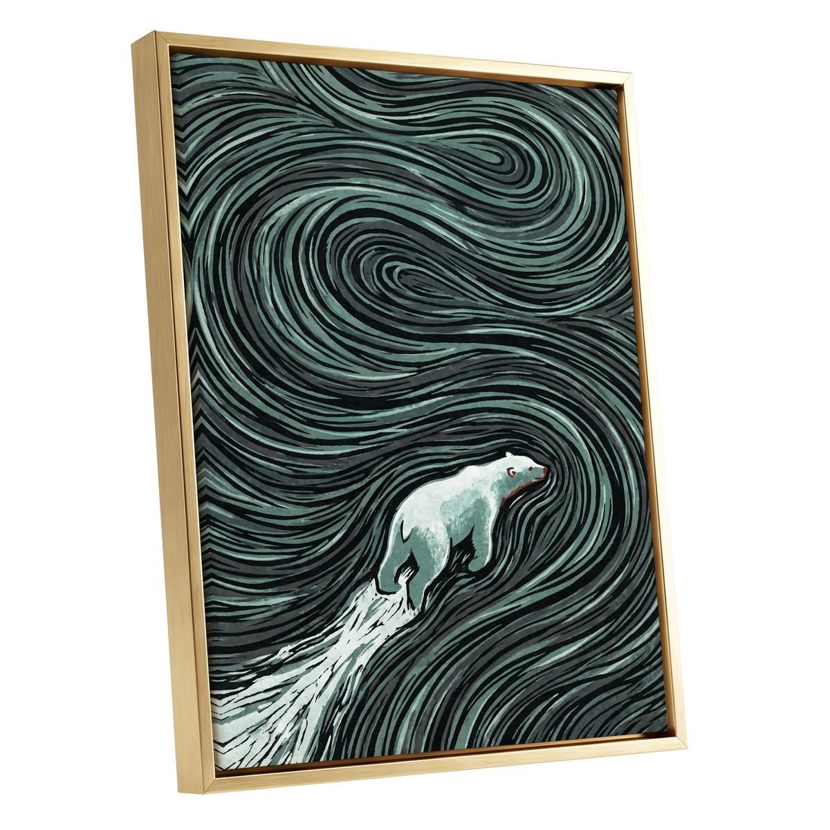 Arctic Current, black, green, gray nature wall art shown as a gold framed canvas wall art
